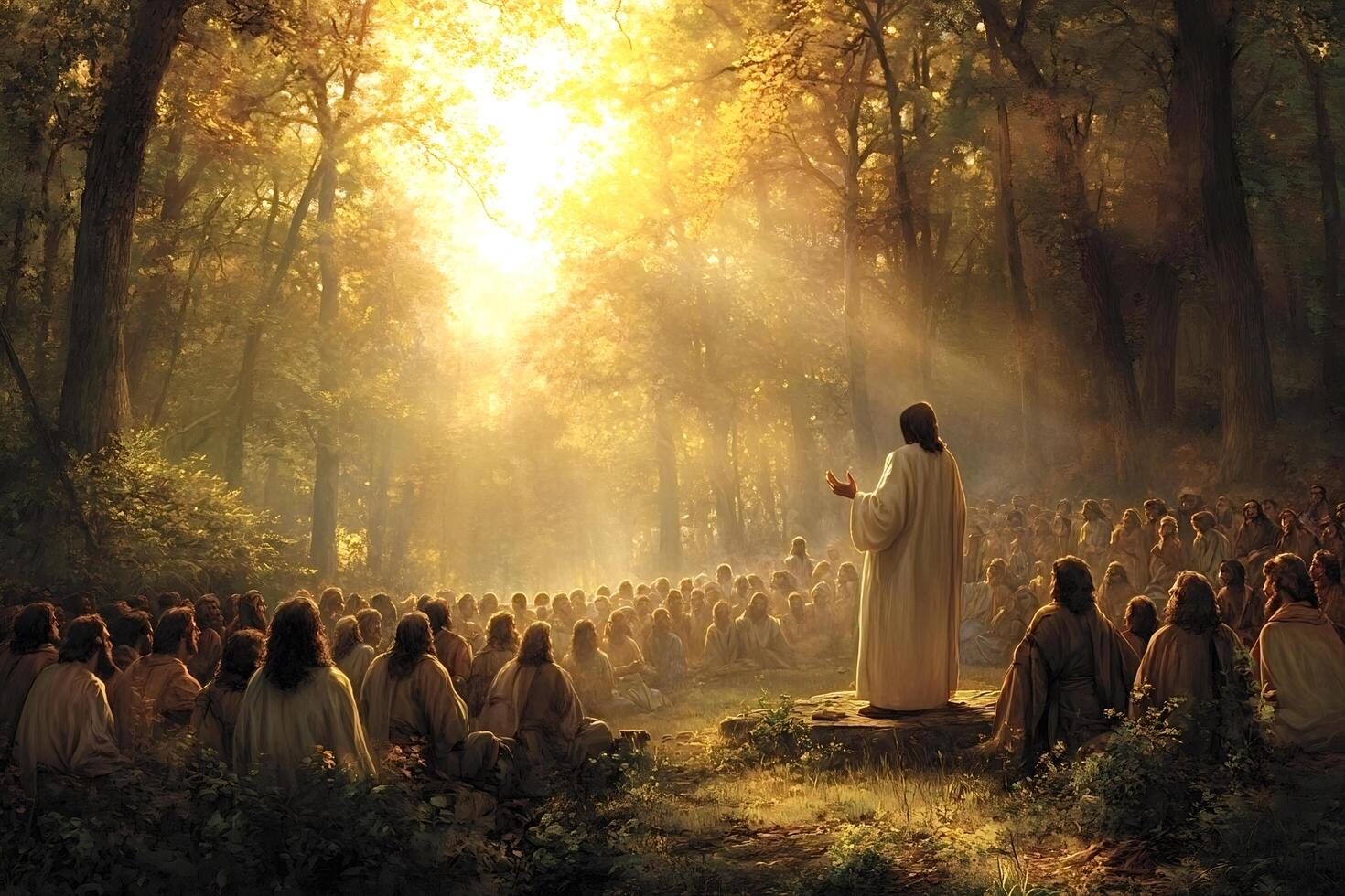Jesus christ preaching to a crowd in a forest at sunrise photo