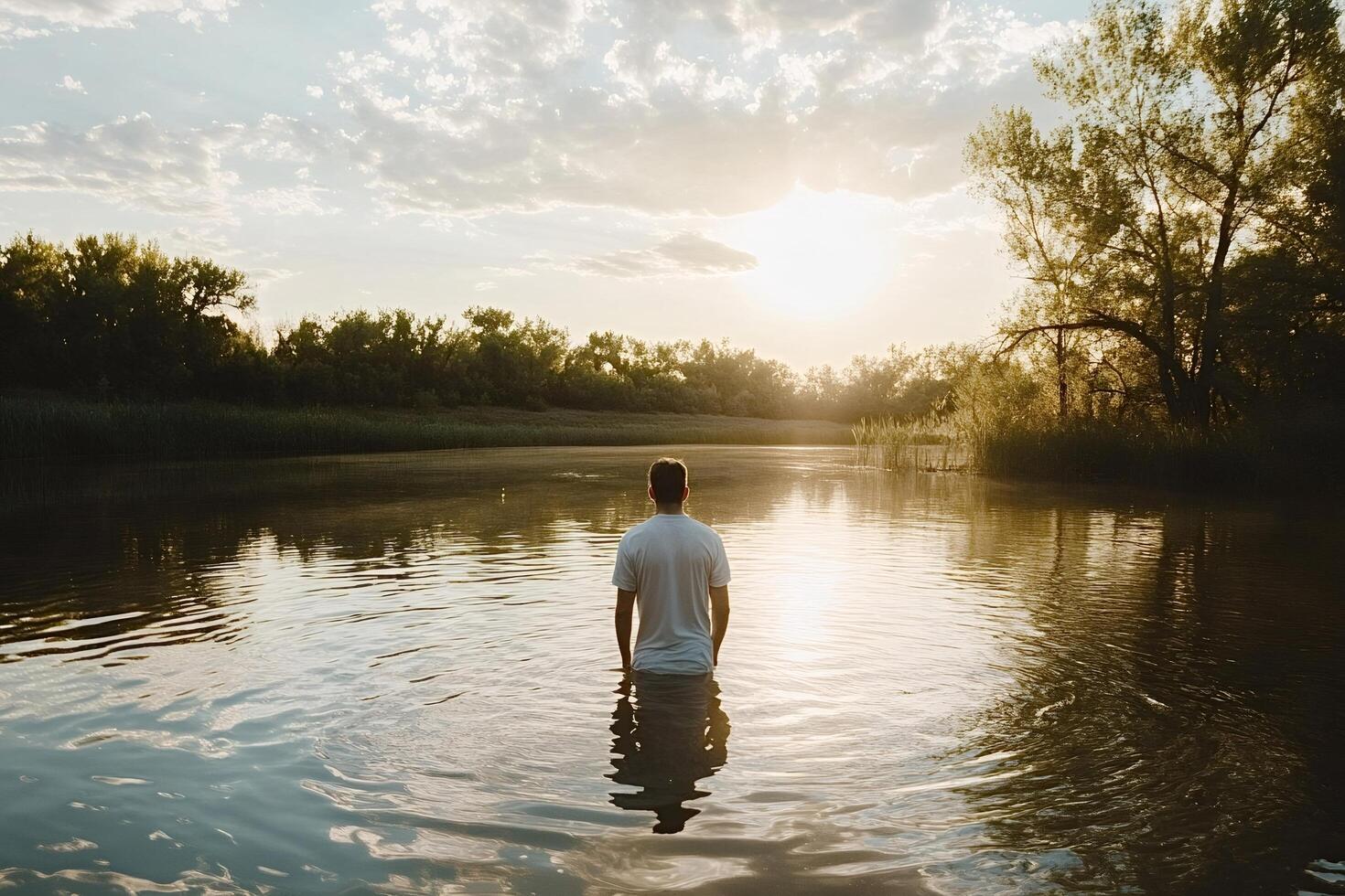 Young man standing in lake water at sunset contemplating nature photo