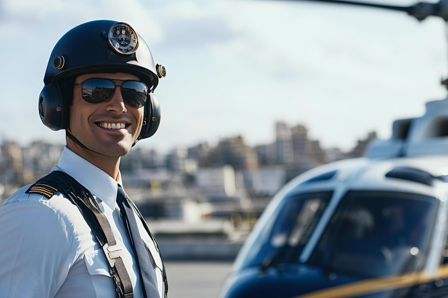 Helicopter pilot smiling wearing helmet and sunglasses on helipad photo