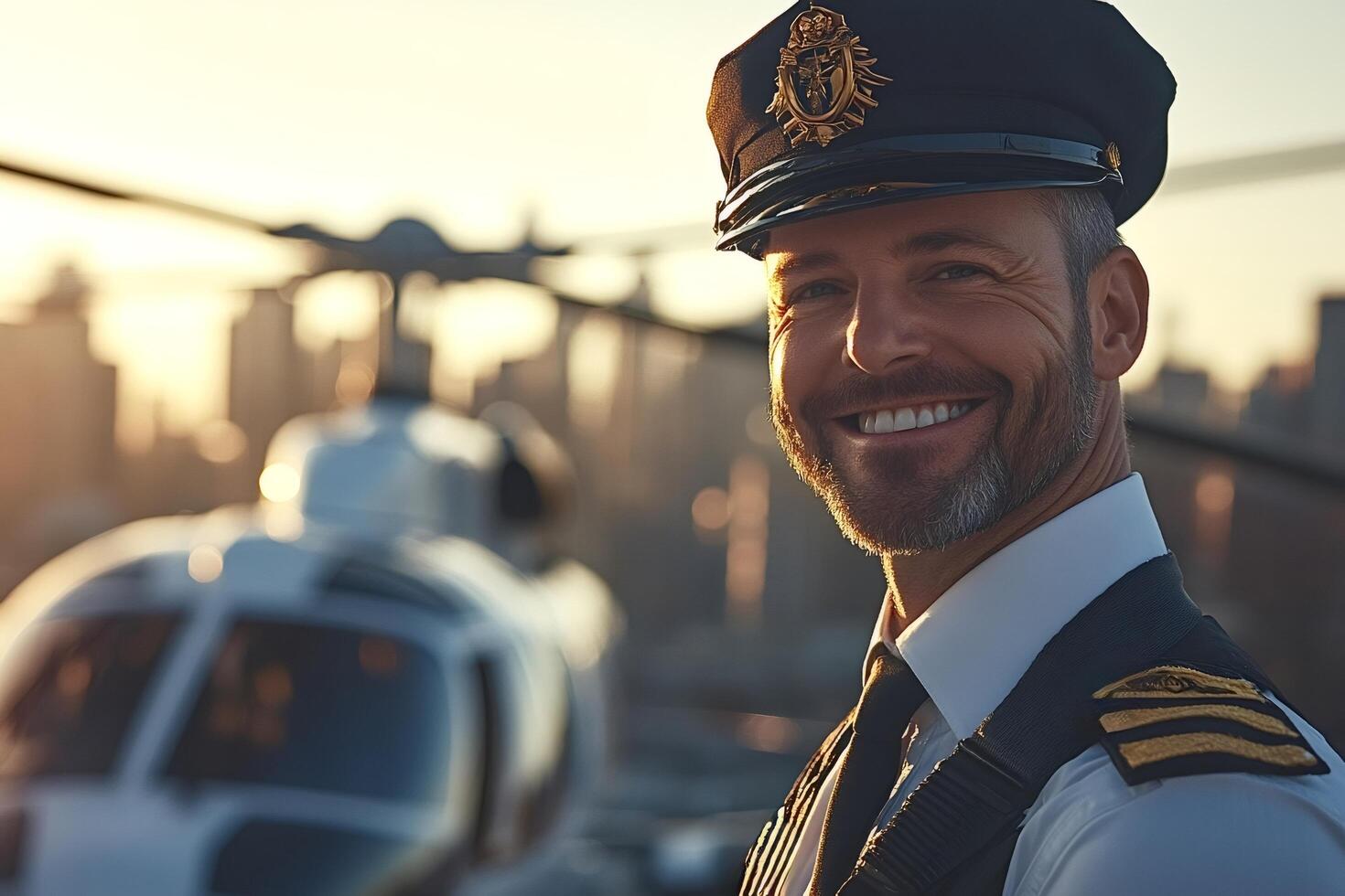 Smiling helicopter pilot wearing uniform and cap at sunset photo