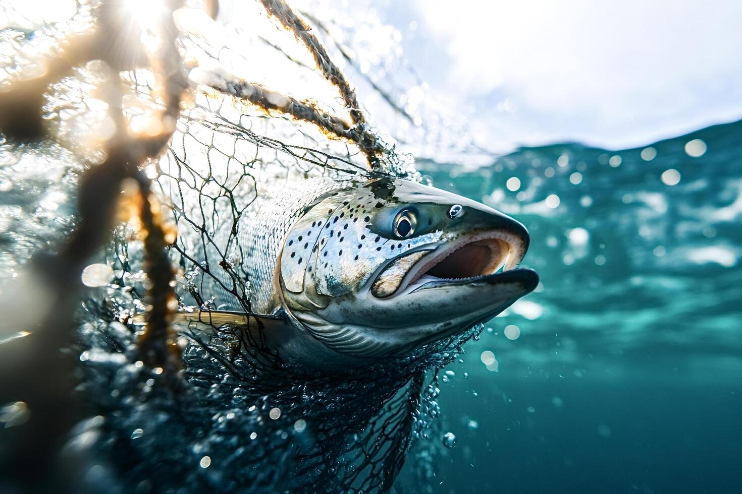 Salmon caught in fishing net is struggling underwater photo