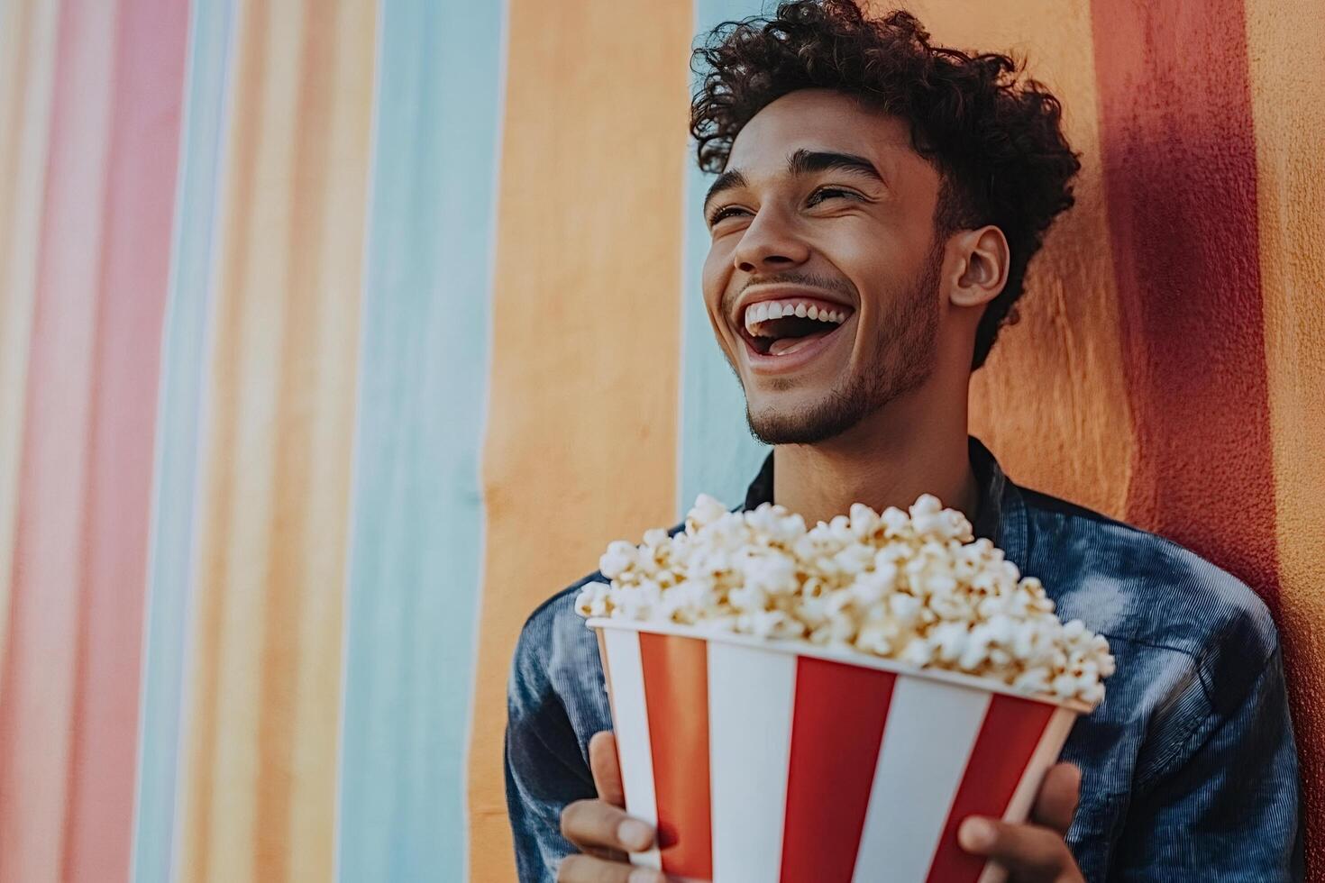 Young man laughing and holding a large bucket of popcorn against colorful backgr photo