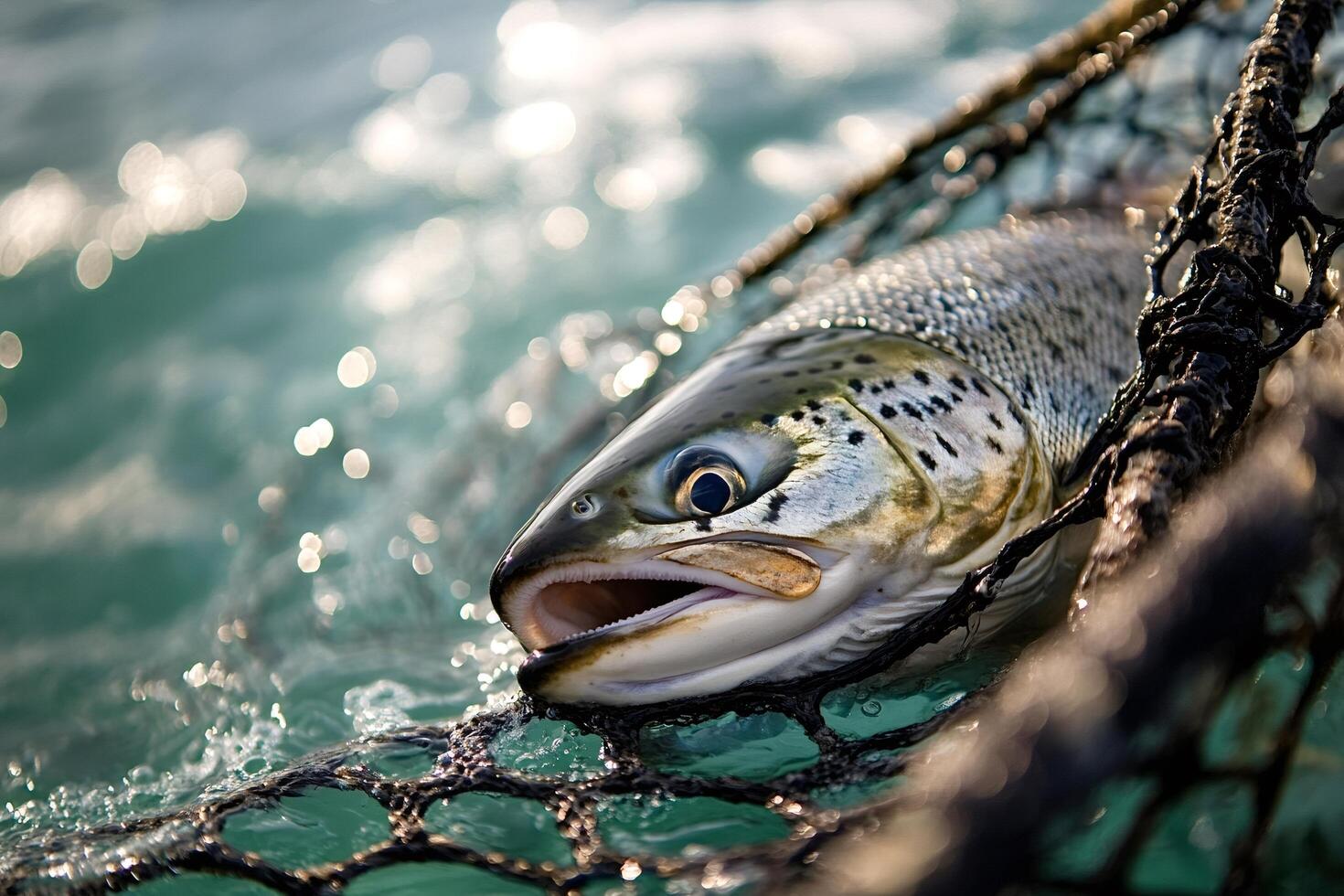 Salmon caught in fishing net gasping for air in water photo