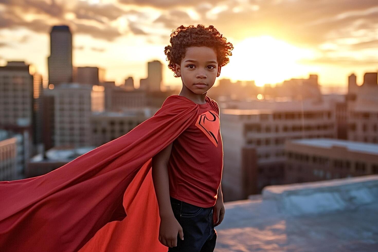 Young superhero boy wearing red cape standing on rooftop at sunset with city photo
