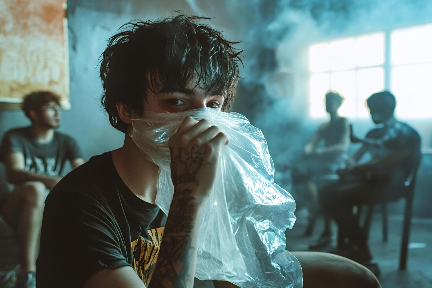 Young man inhaling from plastic bag with friends in background photo