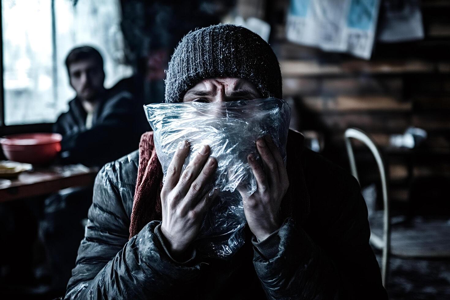 Homeless man breathing into plastic bag in abandoned building photo