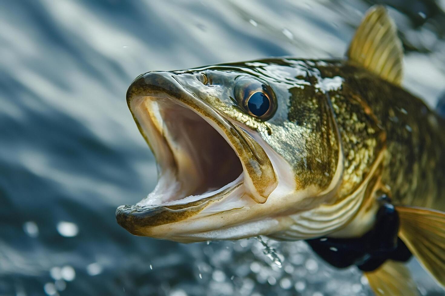Walleye fish opening mouth while emerging from water photo
