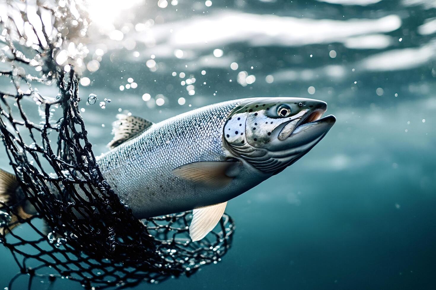 Salmon getting caught in fishing net underwater with bubbles and light beams photo