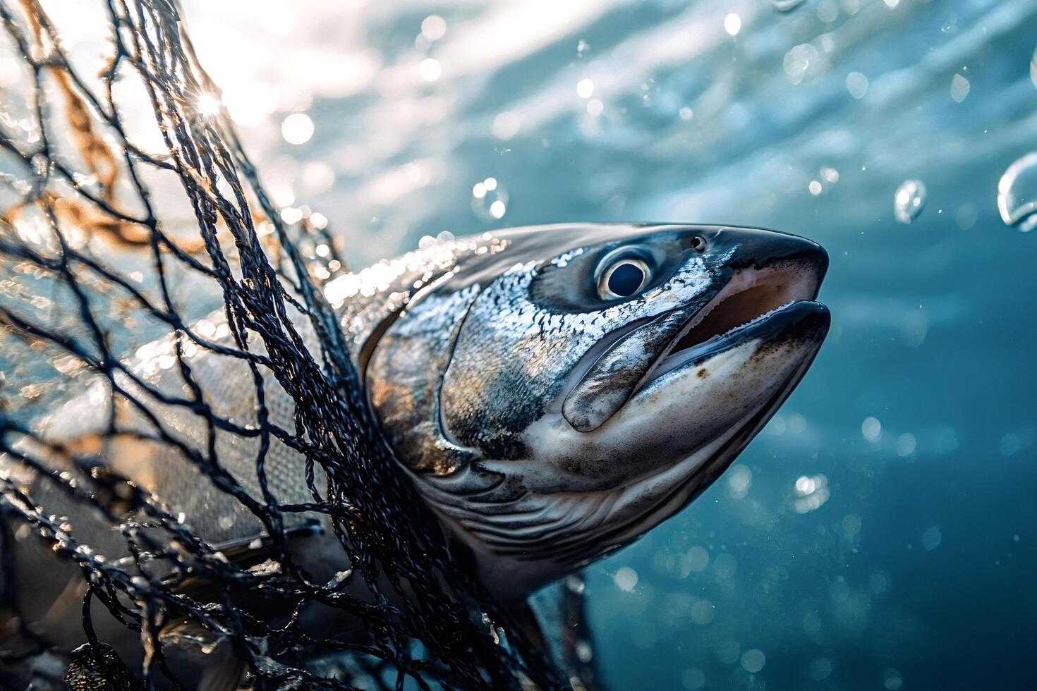 Salmon caught in fishing net gasping for air underwater photo