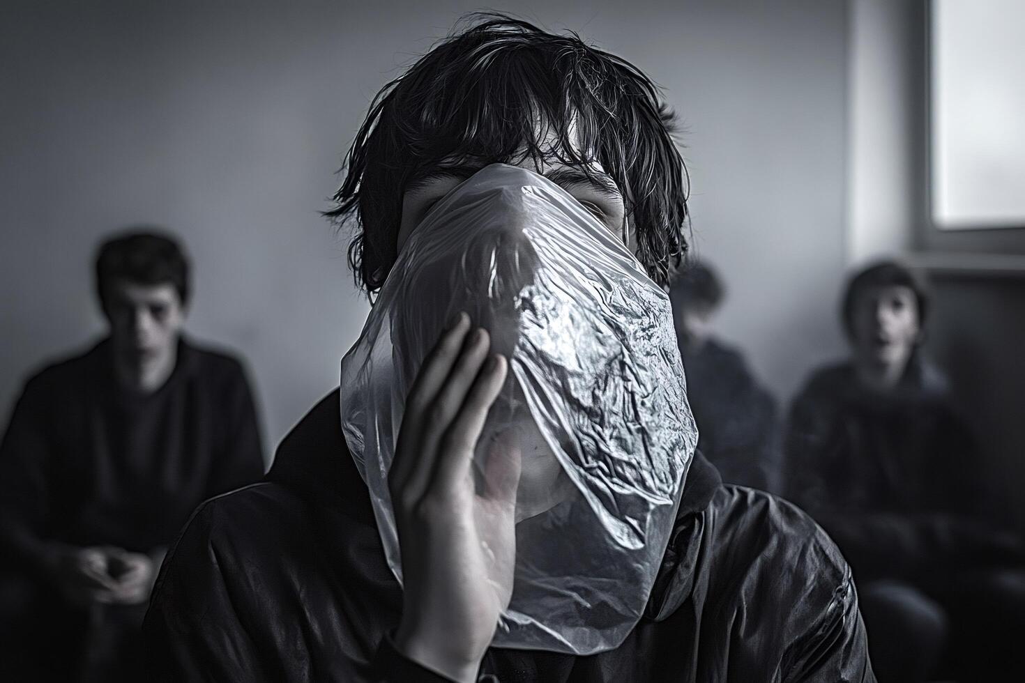 Teenager suffocating with plastic bag, inhaling toxic glue struggling to breathe photo