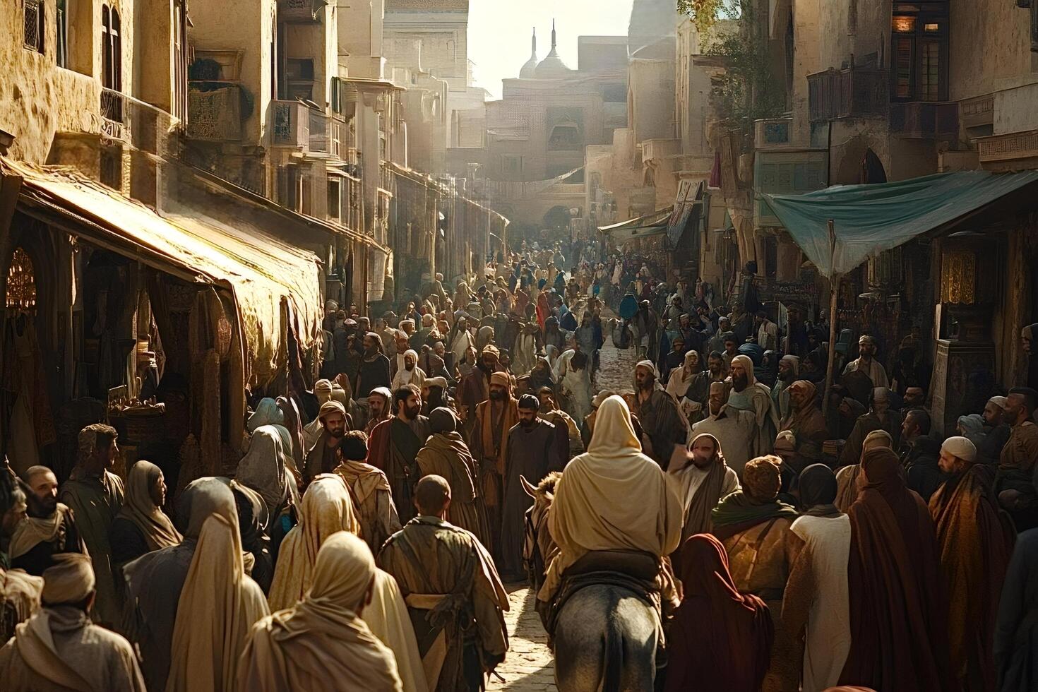 Prophet riding donkey in crowded ancient middle eastern city street photo