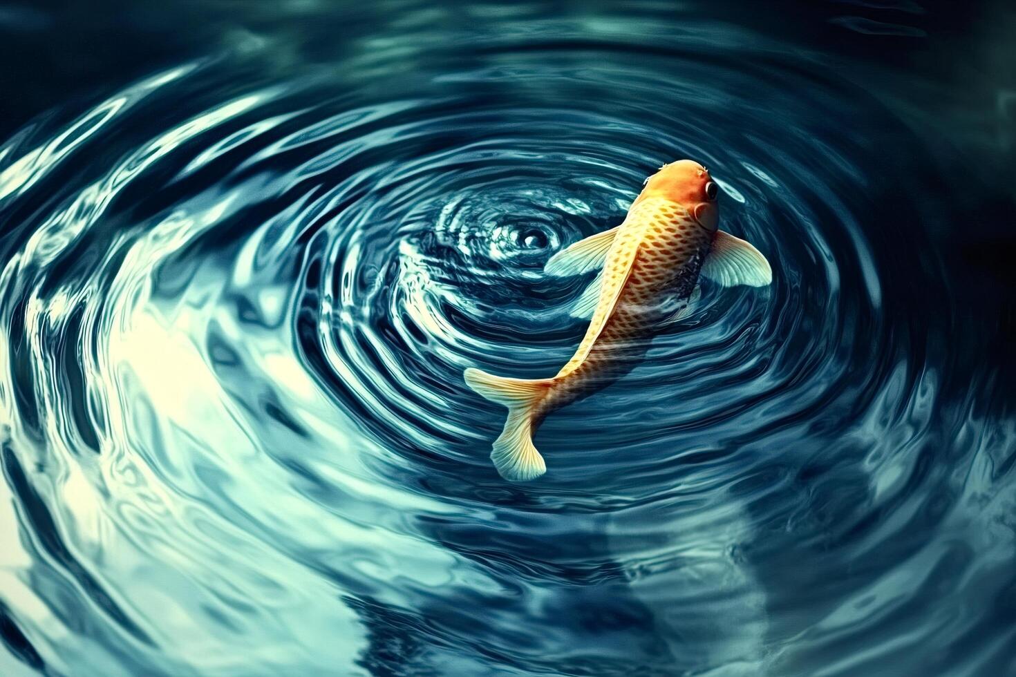 Golden koi carp swimming in concentric circles of blue water photo