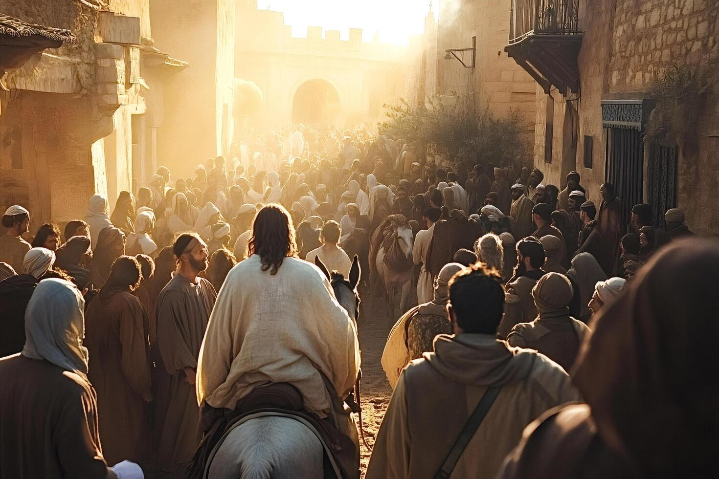 Jesus christ entering jerusalem on a donkey, greeted by a large crowd photo