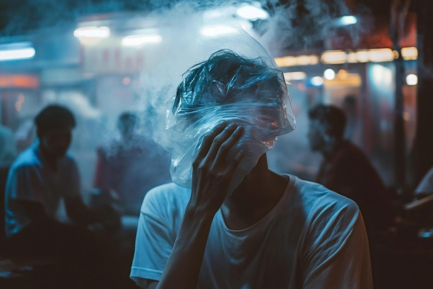 Young man suffocating himself with plastic bag and smoke in public place photo