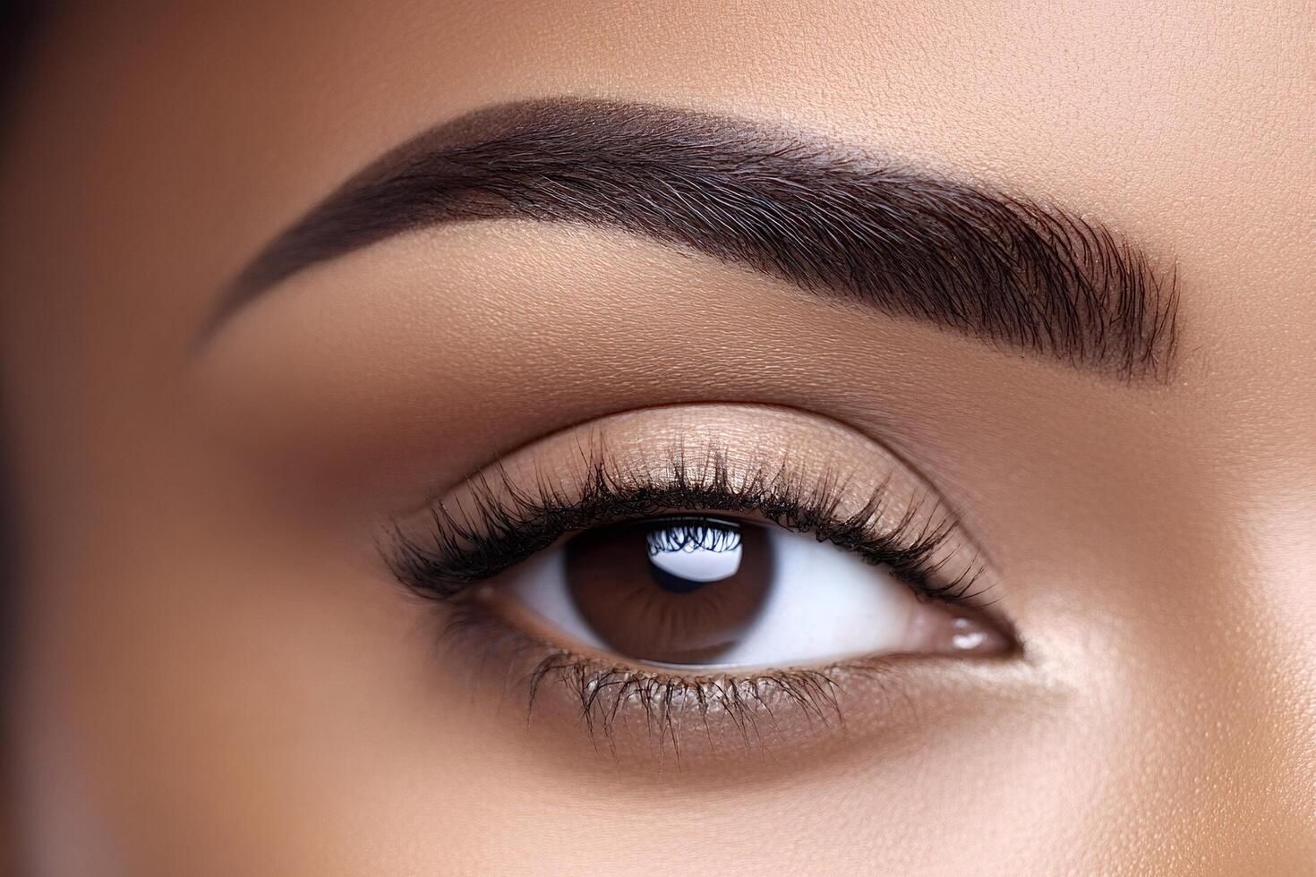 Close-up of eye with perfect eyebrow shape and long lashes emphasizing natural photo
