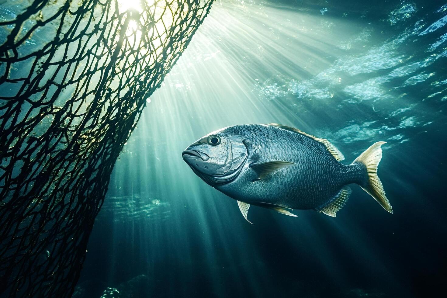 Fish swimming near fishing net in sunlit ocean water photo