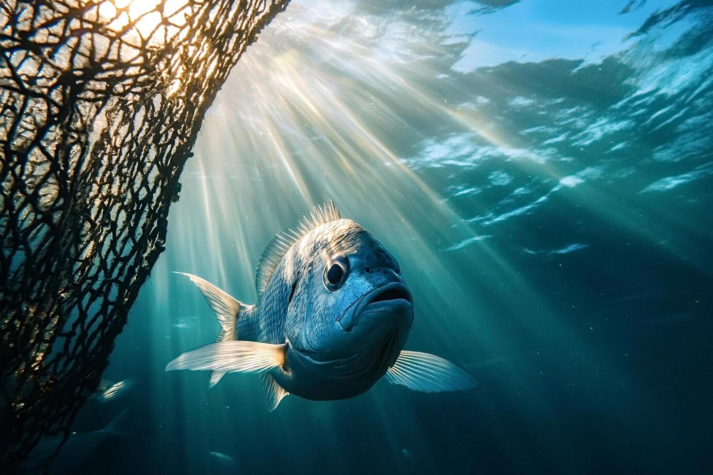 Fish swimming near fishing net in sunlit ocean depths photo