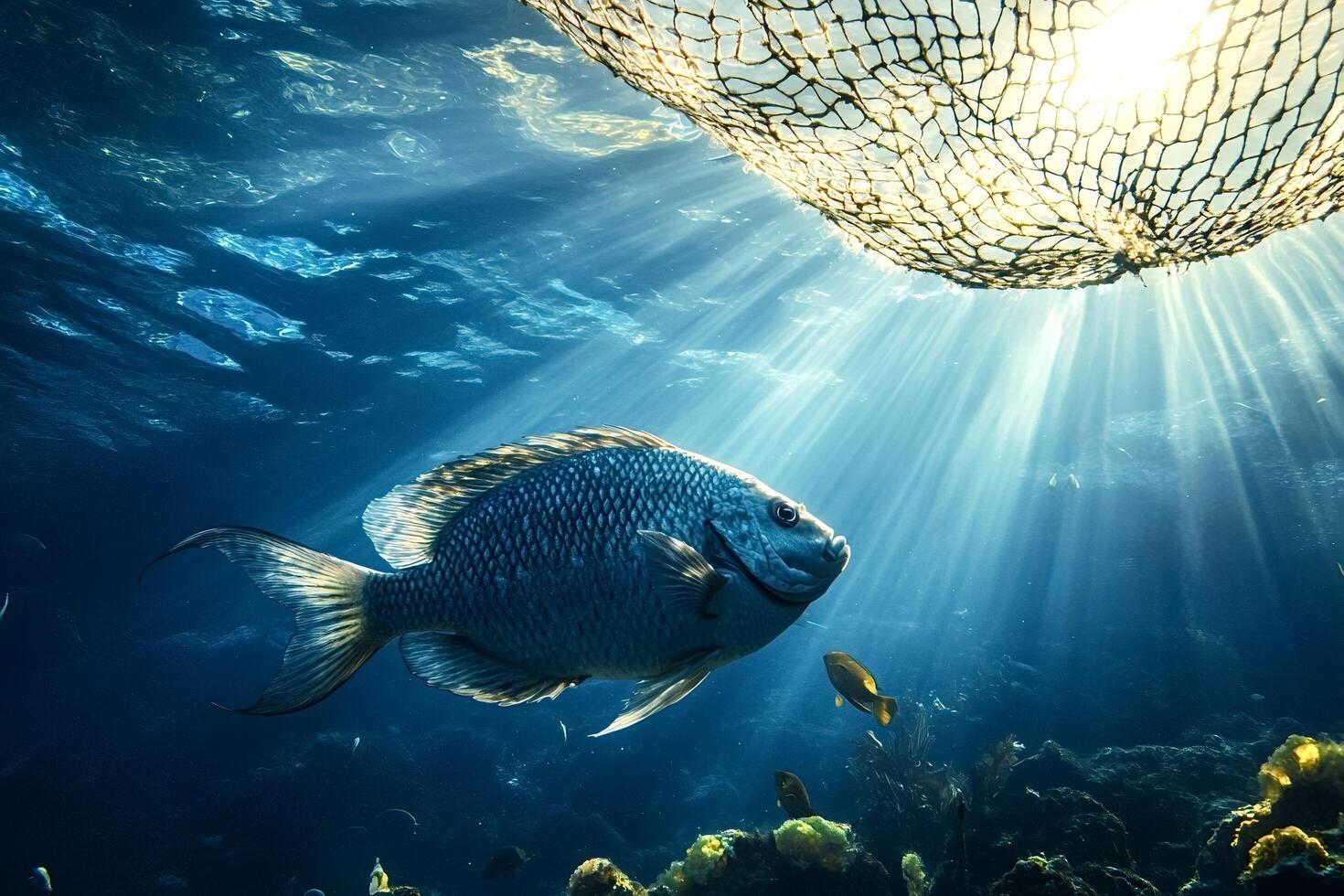 Fish swimming near fishing net in blue ocean water photo