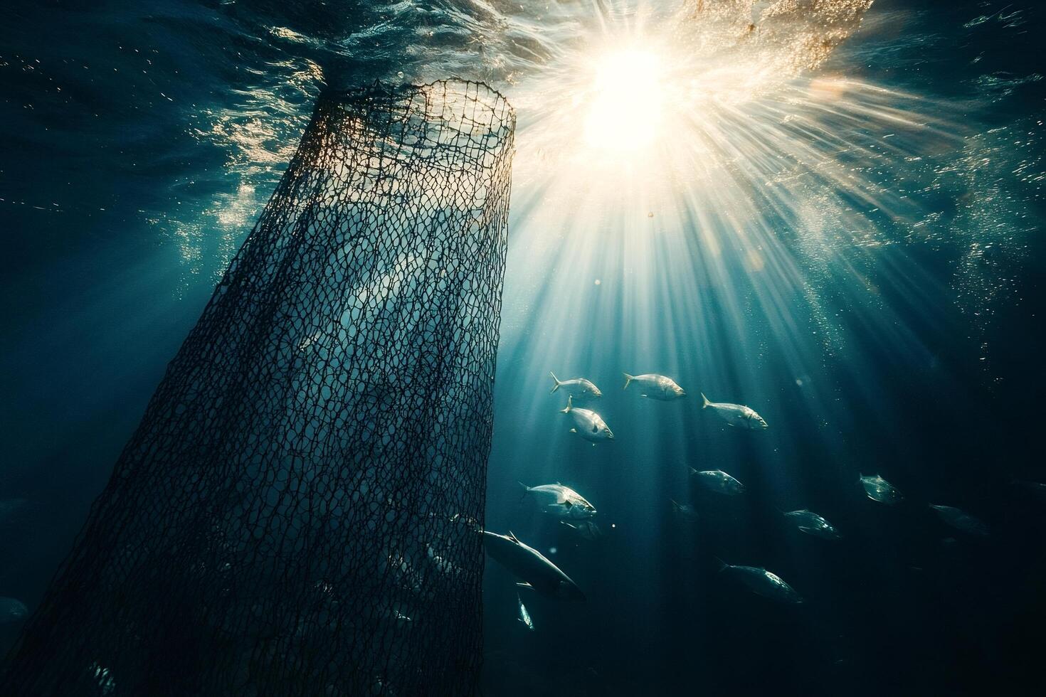 Fishing net catching fish in the ocean depths with sunlight photo