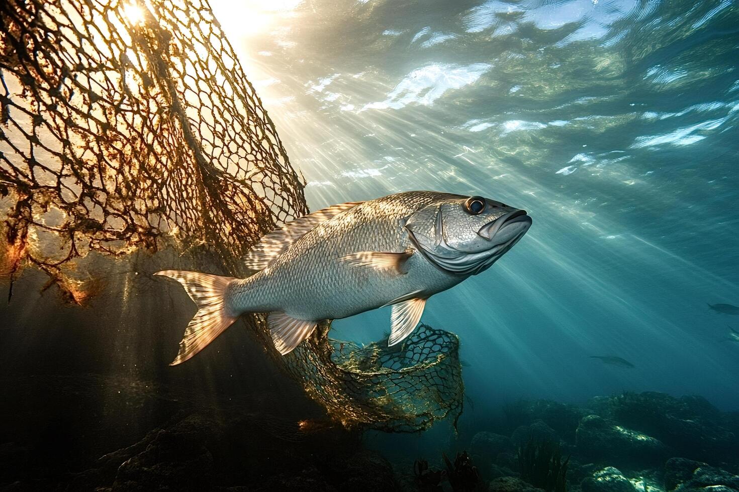 Fish trapped in discarded fishing net, underwater pollution photo