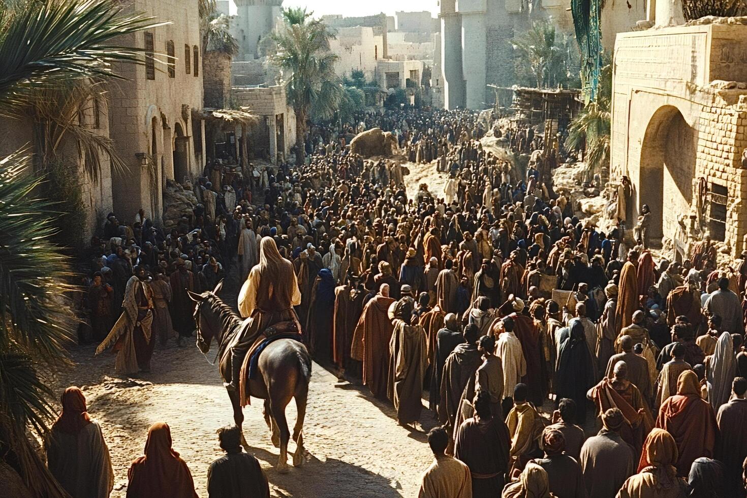 Jesus riding a horse is entering jerusalem followed by a large crowd photo