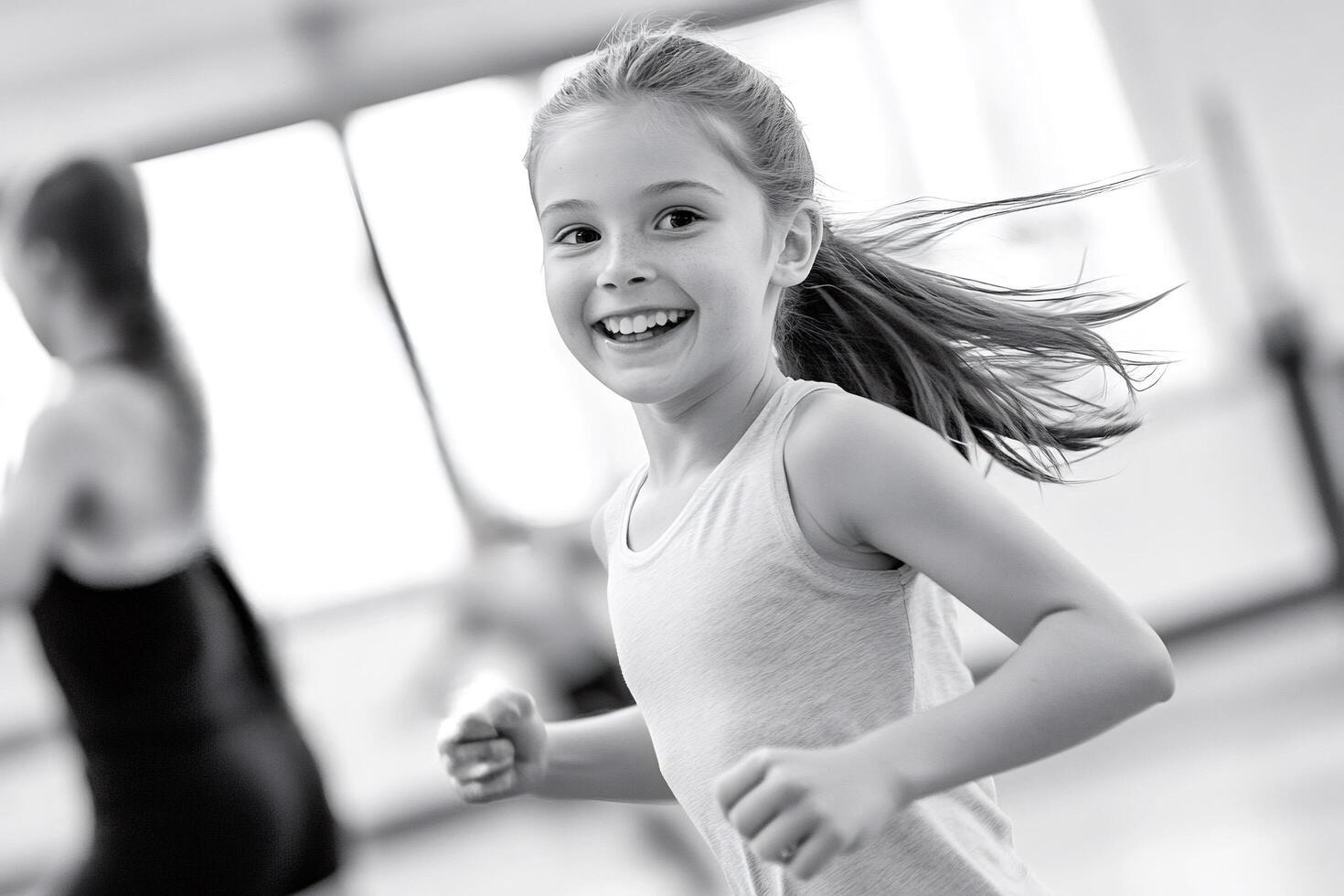 Young dancer smiling and running in dance studio during rehearsal photo