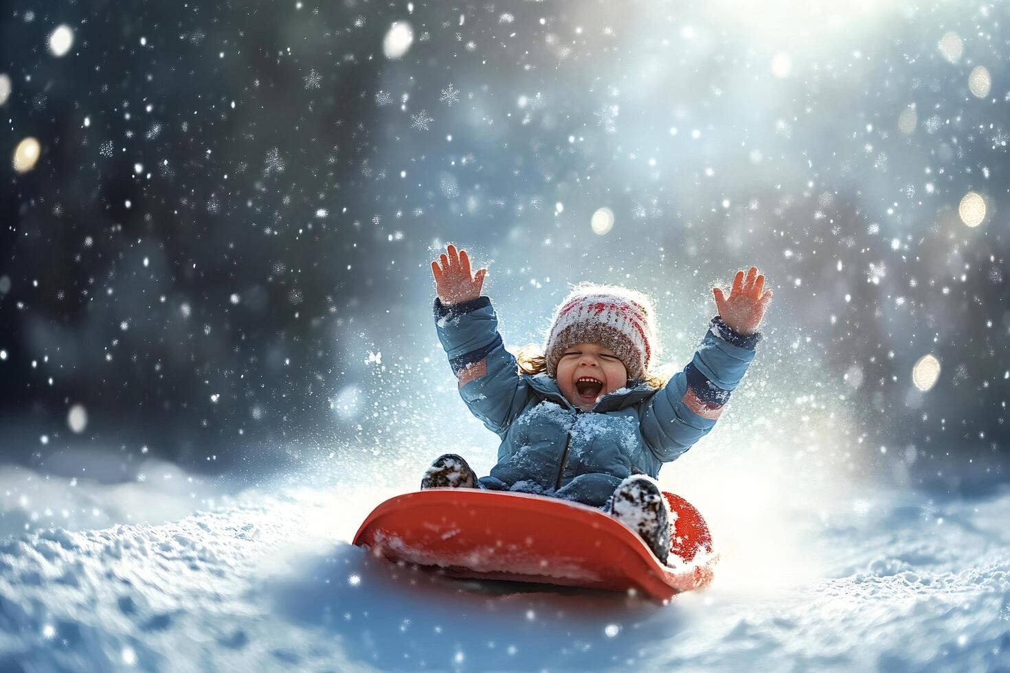 Happy child sliding downhill on sled in snowy winter wonderland photo