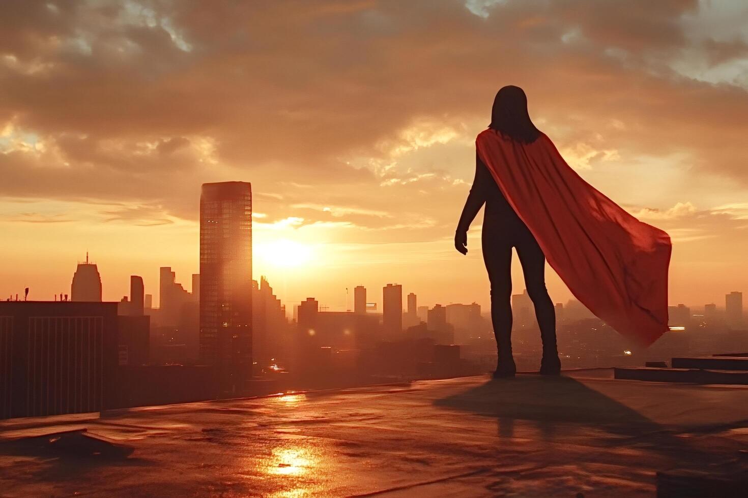 Superhero watching city at sunset from rooftop photo