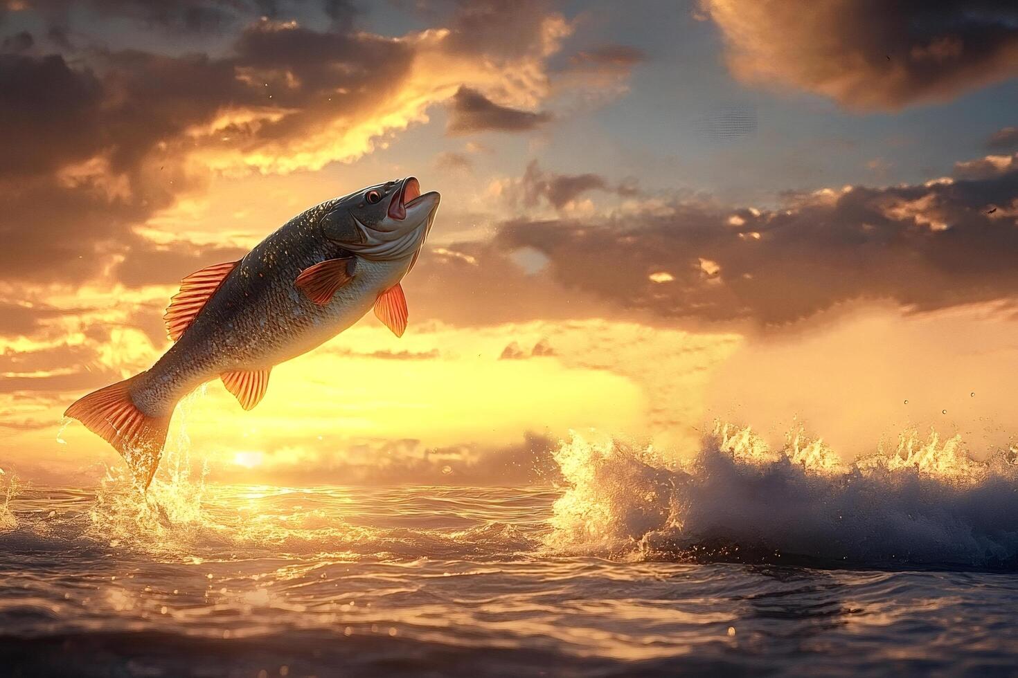 Redfish jumping out of ocean at sunset with waves photo