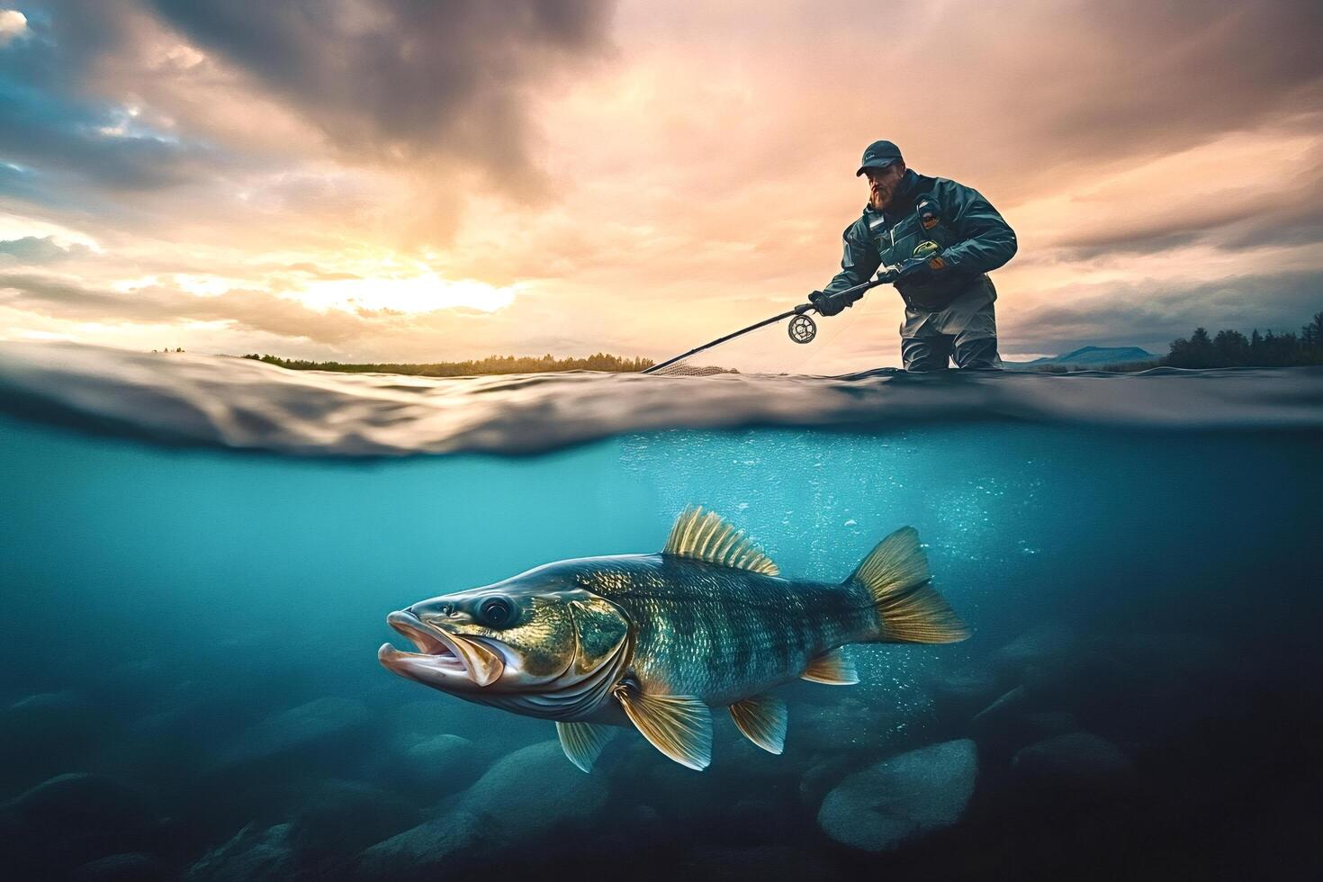 Fisherman catching a zander fish with spinning rod at sunset photo