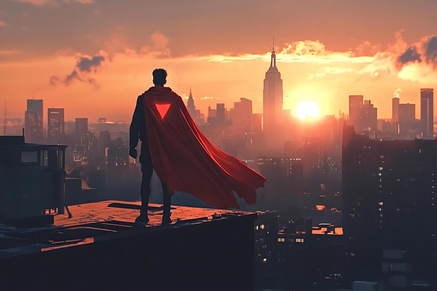 Superhero watching new york city at sunset from rooftop photo