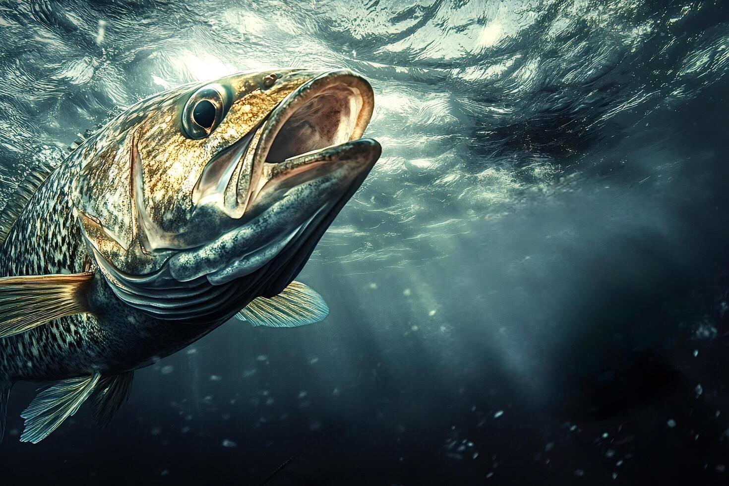 Grouper fish swimming underwater with open mouth and sunlight beams photo