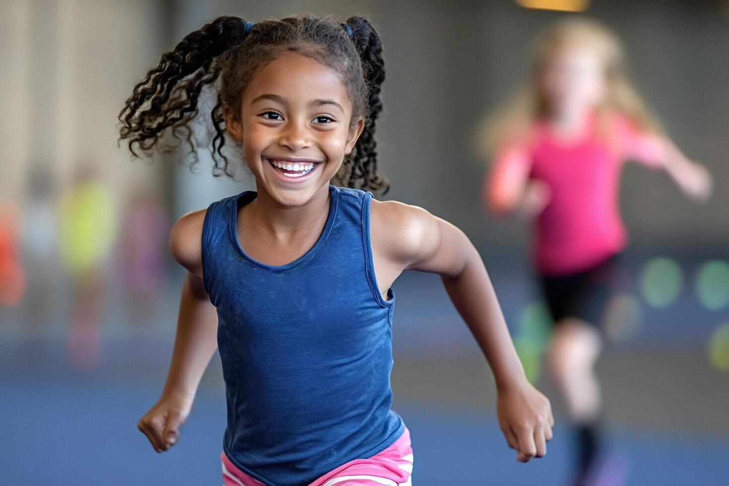 Happy little girl running and having fun in a gym photo