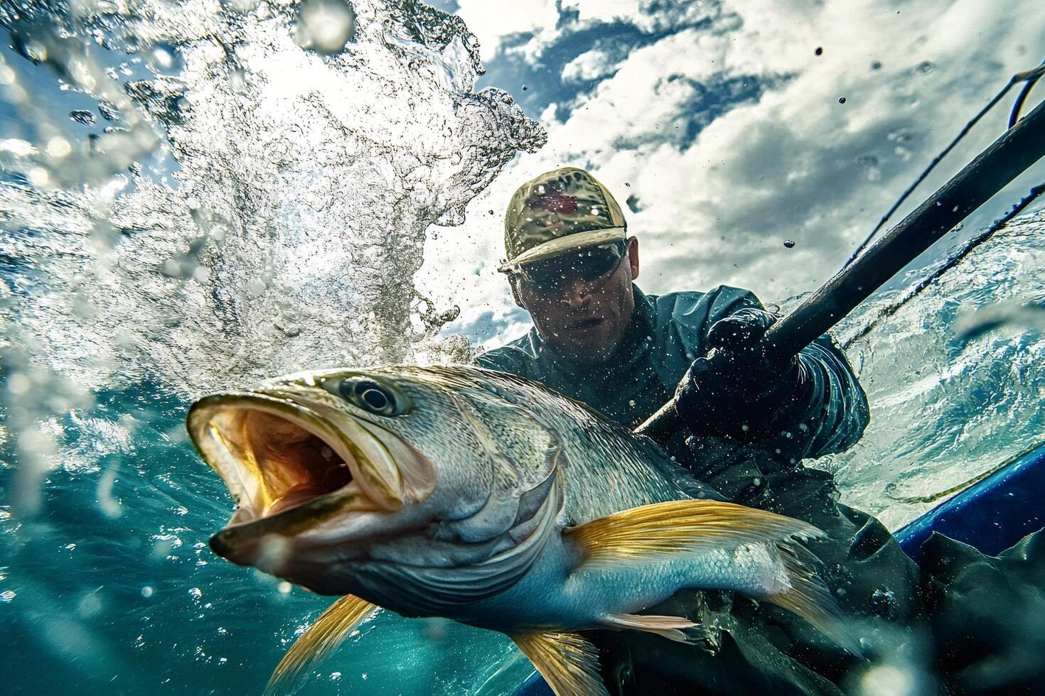 Fisherman catching big fish in kayak with paddle and open mouth photo