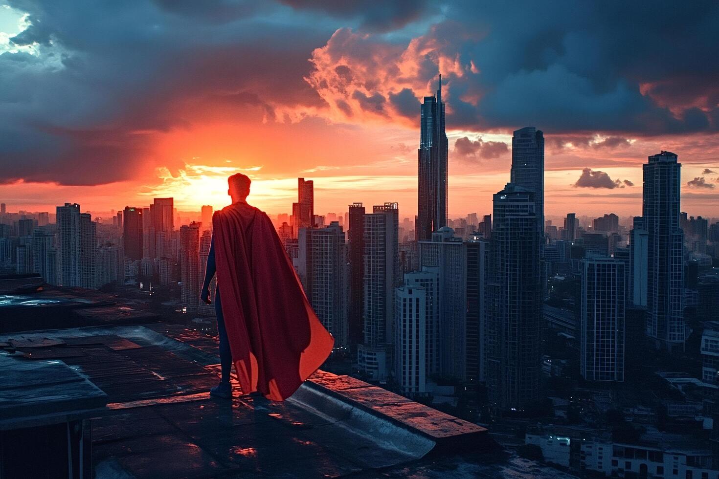Superhero watching city sunset from rooftop at dusk photo