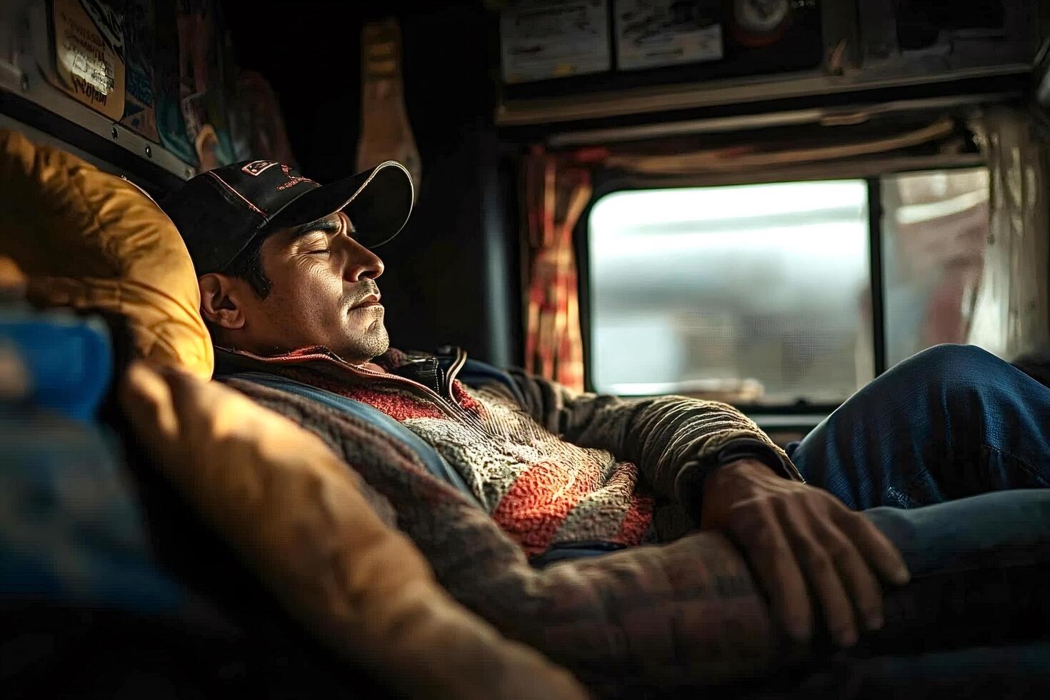 Trucker sleeping peacefully in his truck cabin photo