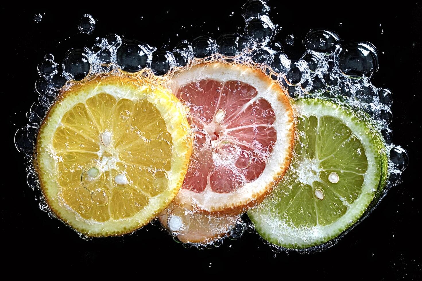 Lemon, grapefruit and lime slices submerged in sparkling water with bubbles photo