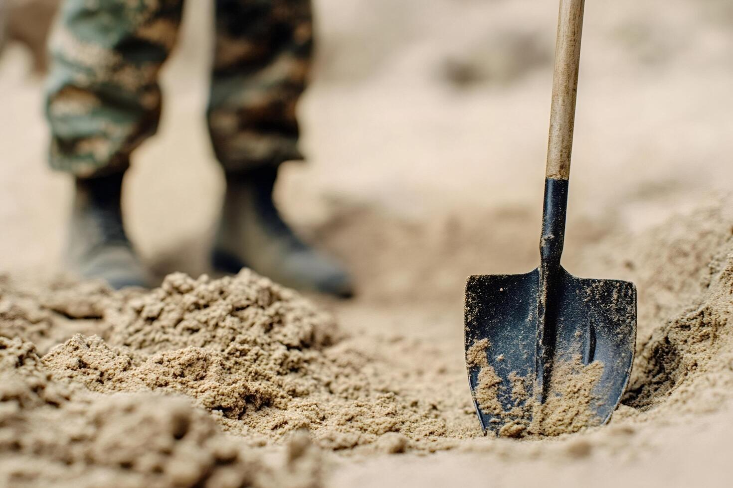 Soldier digging with shovel in sand, military operation or exercise photo