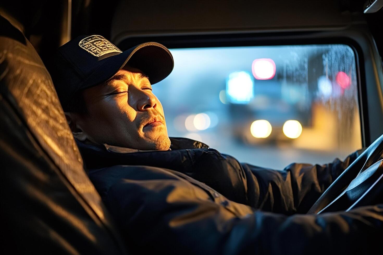 Truck driver sleeping at wheel while driving at night photo