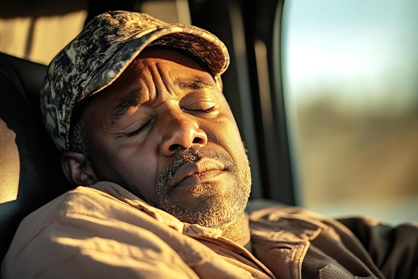 Truck driver sleeping peacefully in the warm sunlight during break photo