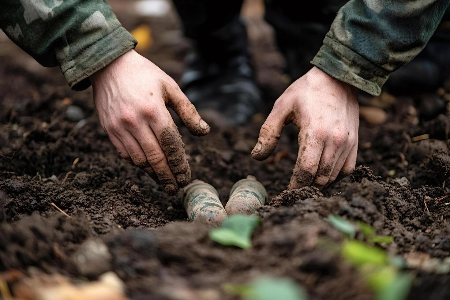 Soldier carefully placing two anti-personnel mines into ground photo