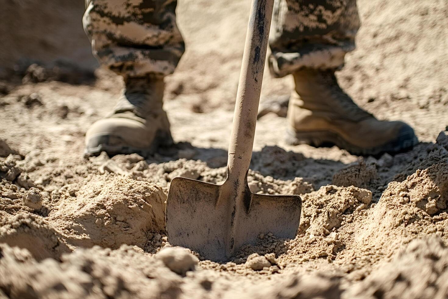 Soldier digging hole with shovel in sand outdoors photo