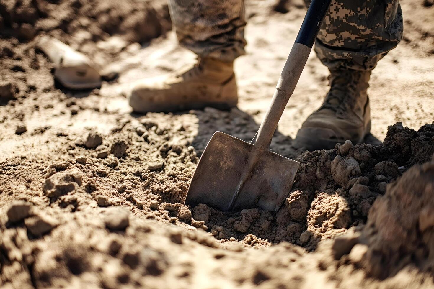Soldier digging with shovel in the desert ground photo