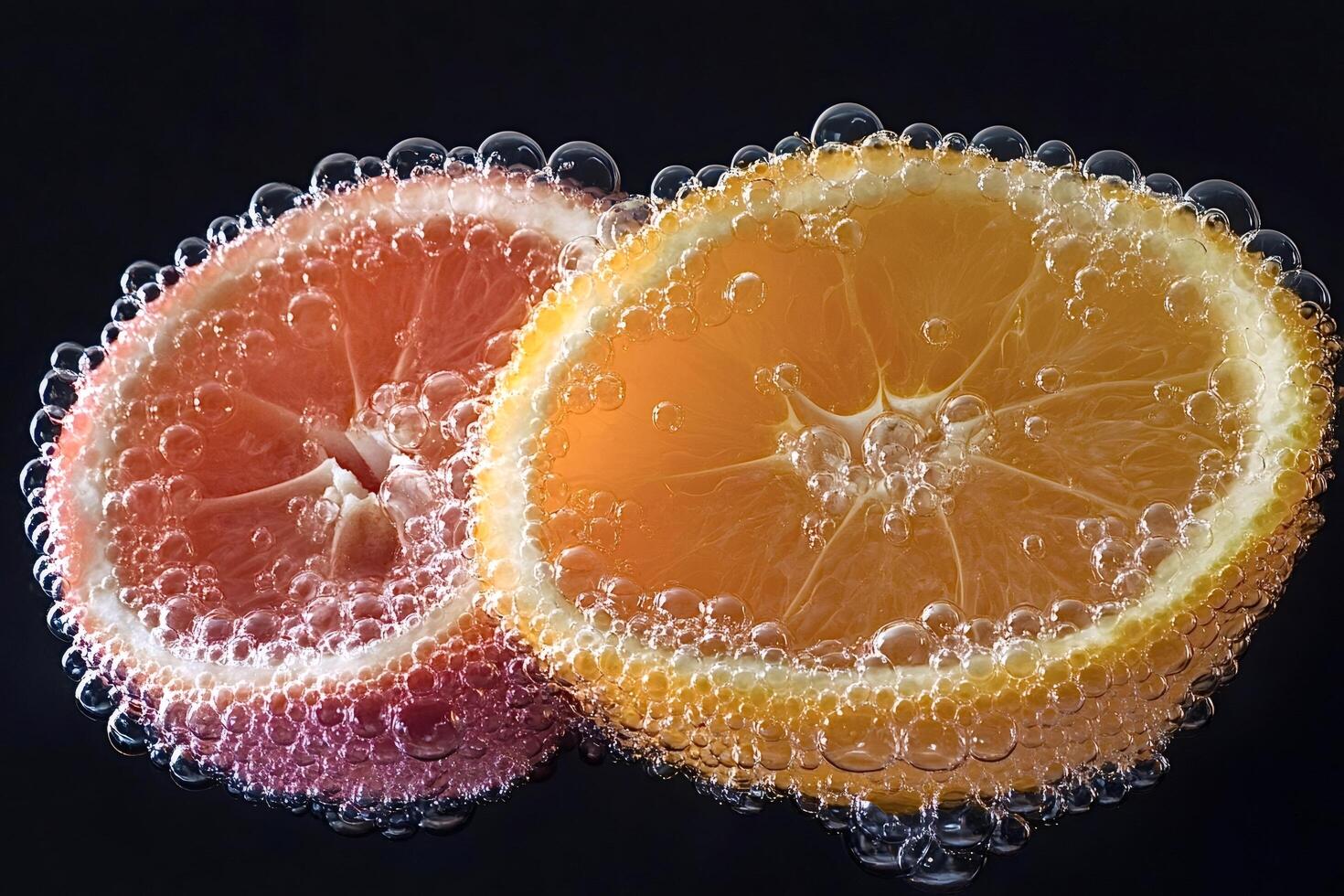 Orange and grapefruit slices submerged in sparkling water with bubbles photo