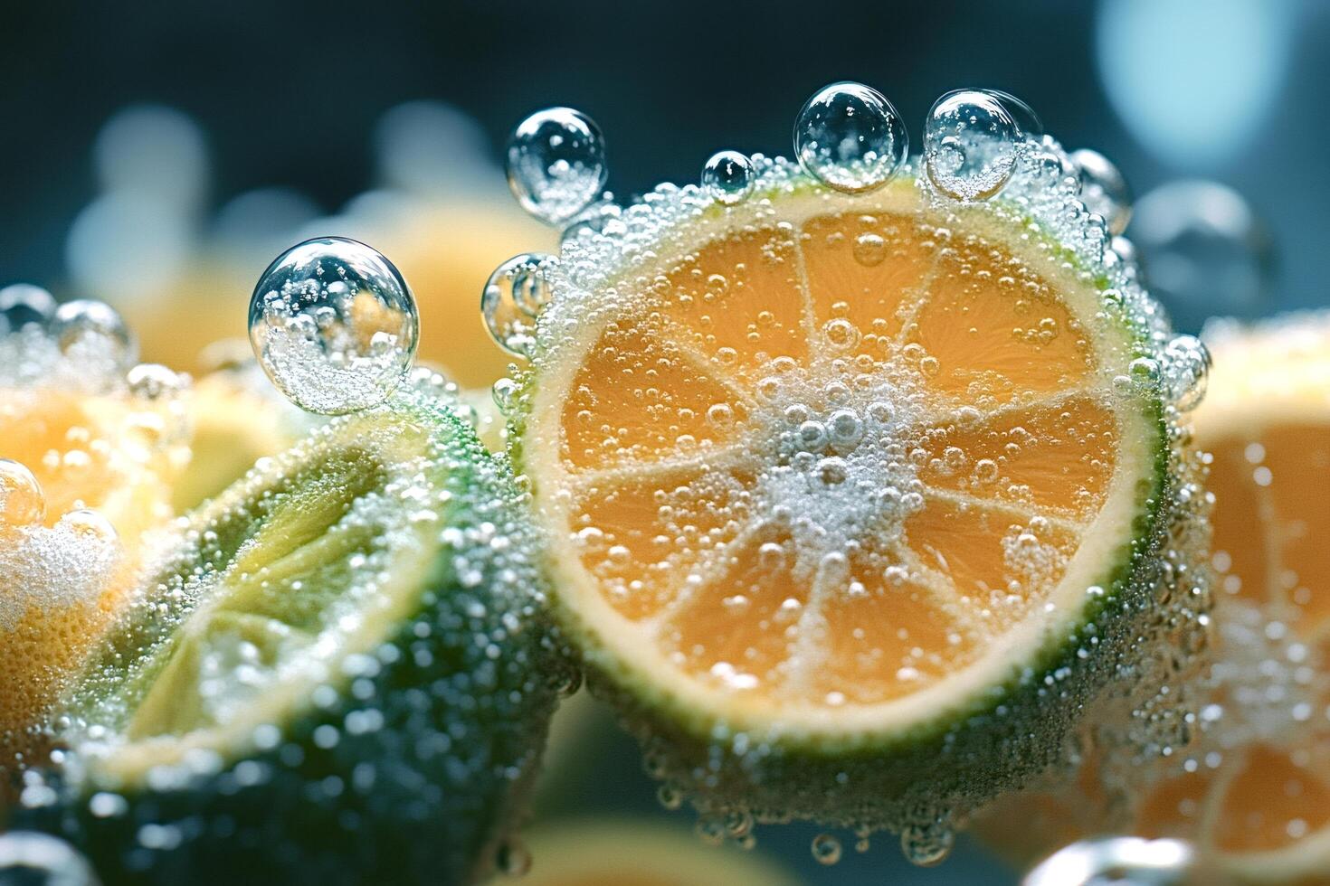 Fresh lime slices submerged in sparkling water with bubbles photo