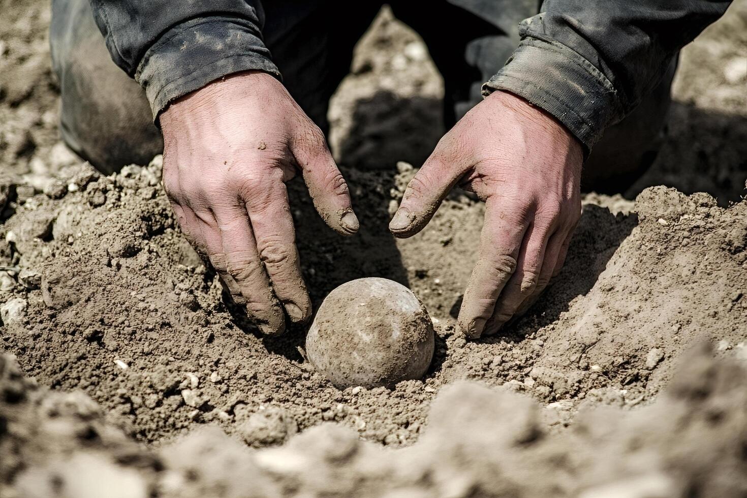 Archaeologist discovering ancient stone sphere artifact during excavation photo