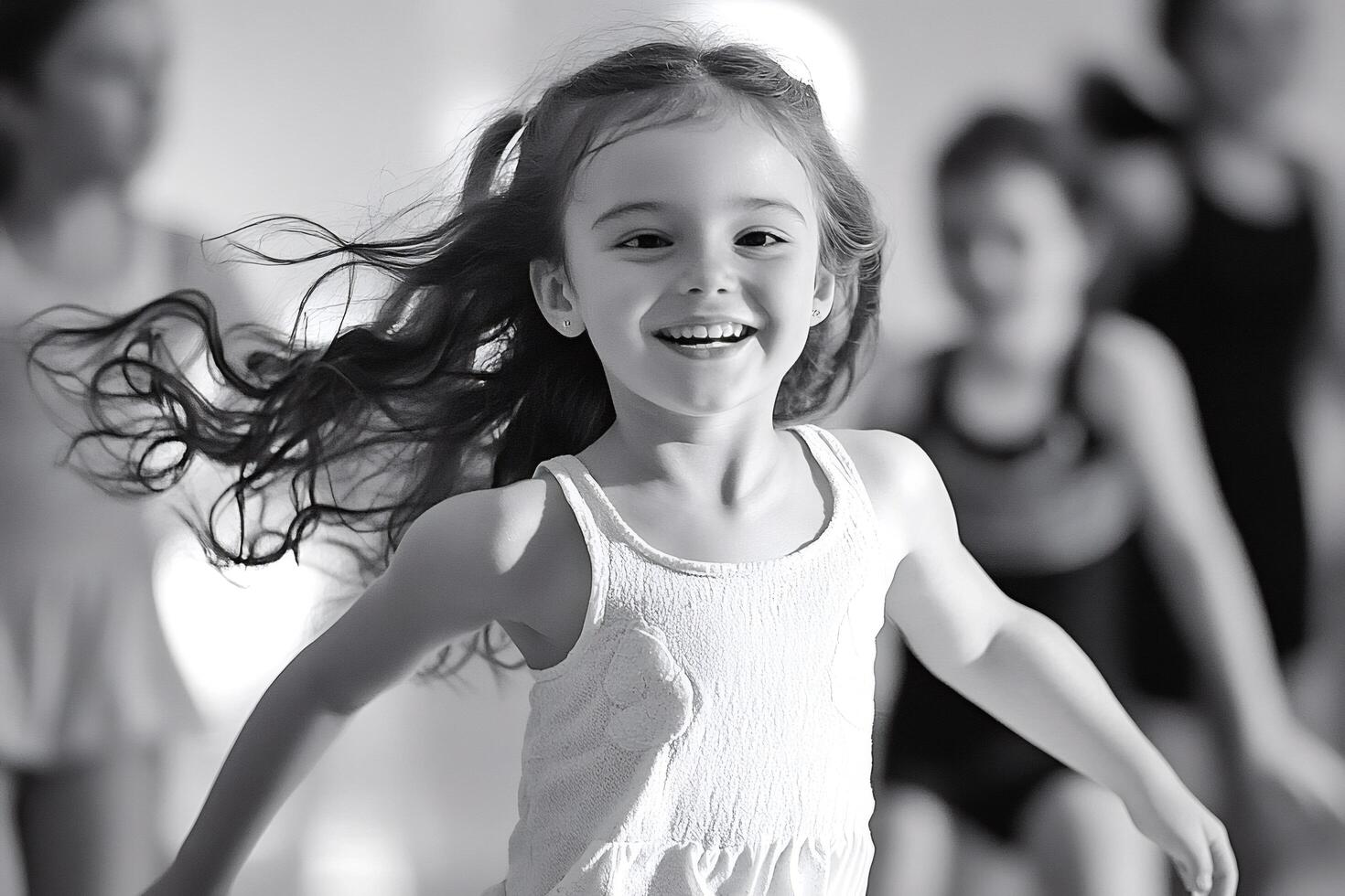Happy girl running and smiling with hair blowing in the wind photo