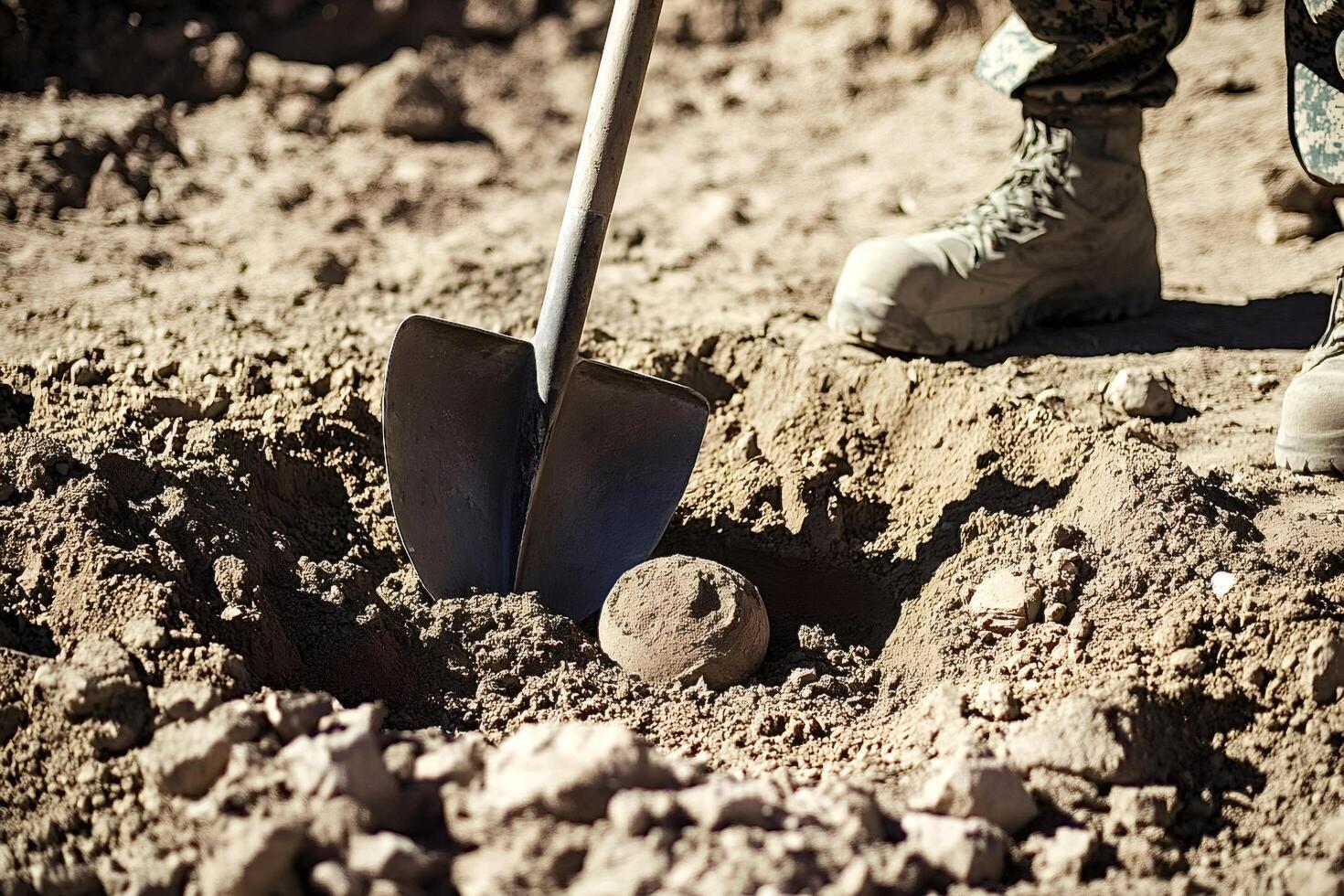 Soldier unearthing landmine with shovel in desert terrain photo