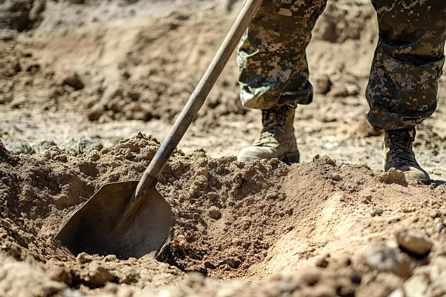 Soldier digging hole with shovel in the desert photo