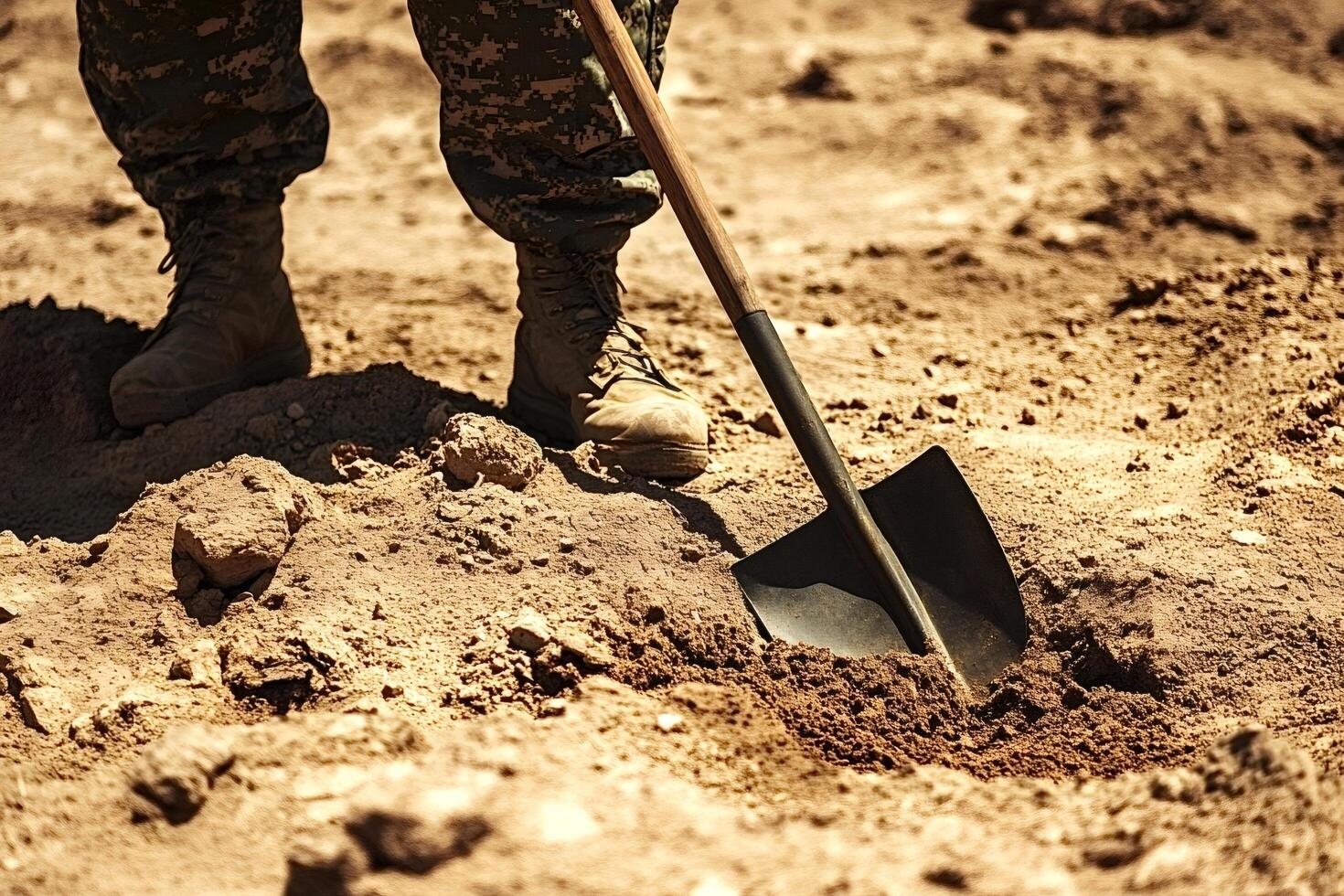 Soldier digging a hole with a shovel in the desert photo